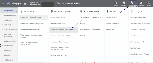 Crear listas de palabras clave negativas