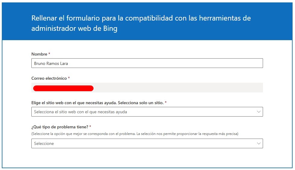 Formulario de contacto de soporte de Bing Webmasters Tools
