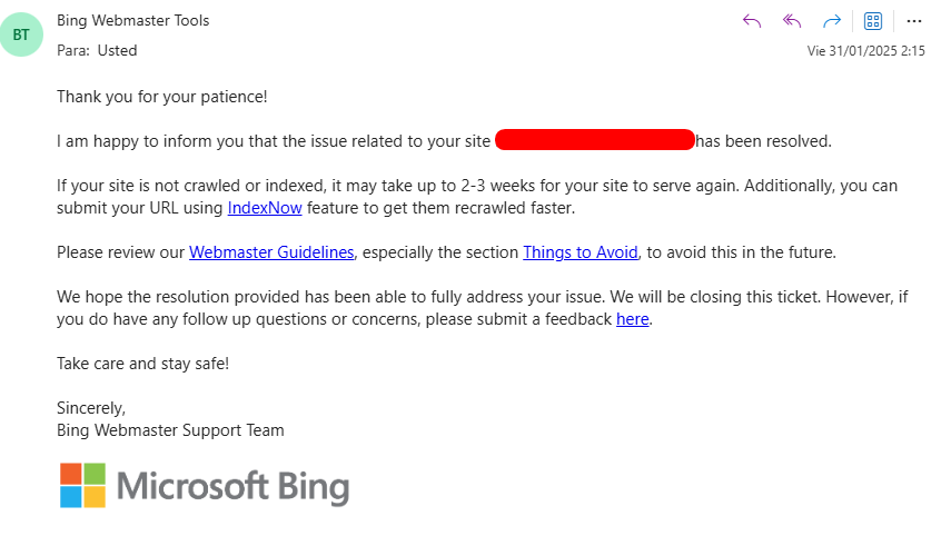 Email del soporte de Bing confirmando la resolución de mi incidencia con la indexación