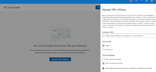 URLS bloqueadas en Bing