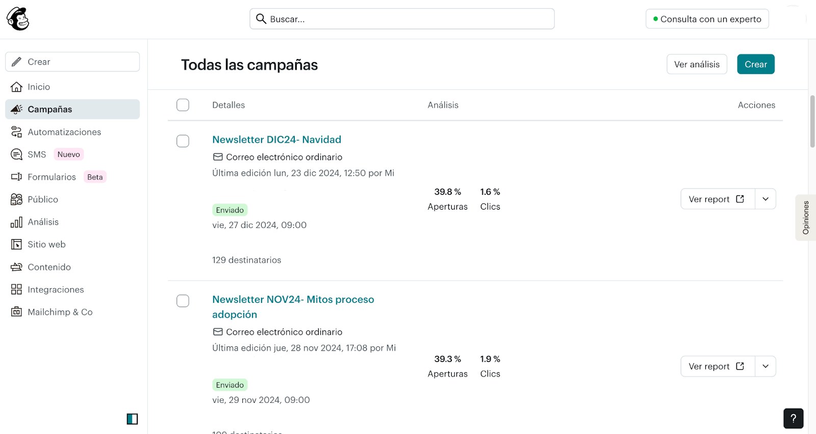 Mailchimp ejemplo de herramienta
